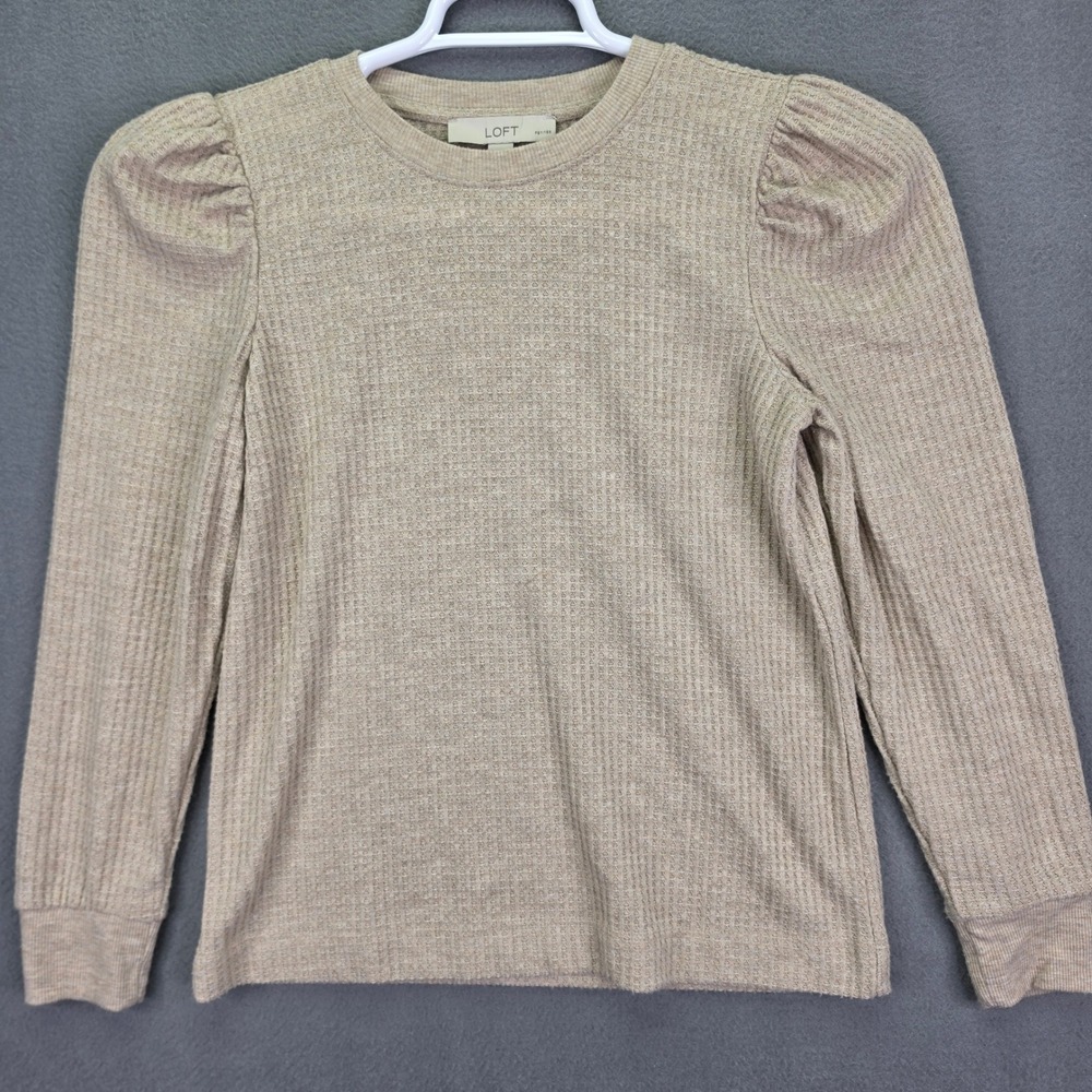 LOFT Top Puff Sleeve Waffle Knit Beige XSP Petite Rayon Blend Casual